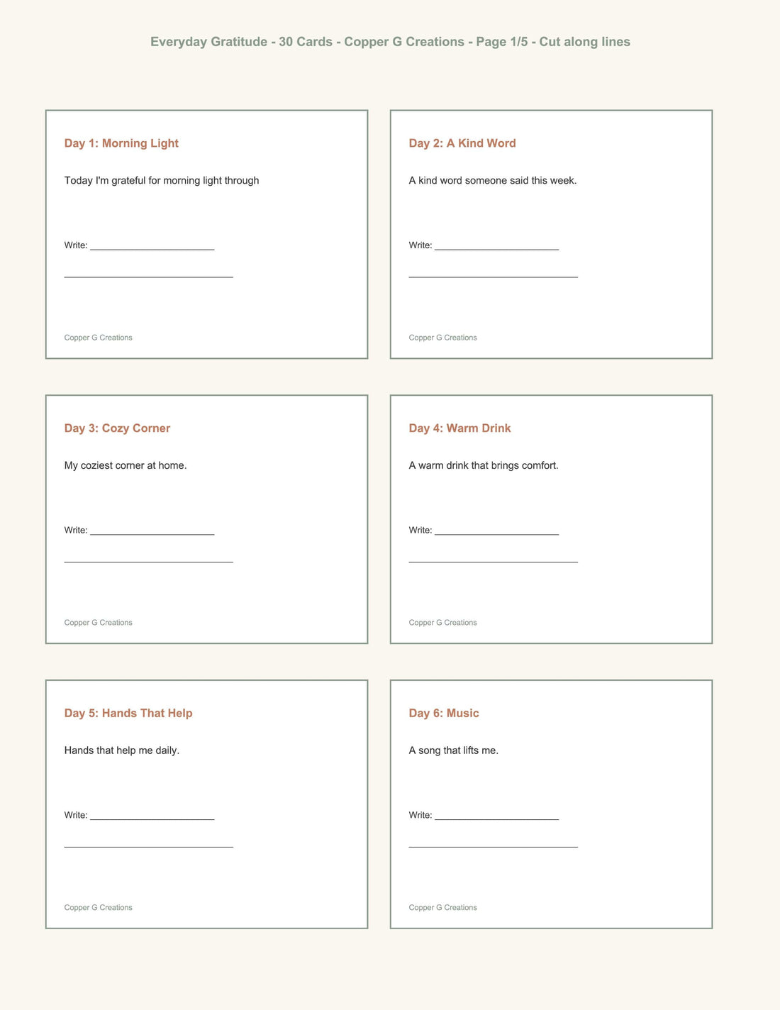 Printable Everyday Gratitude card showing a mindfulness reflection prompt