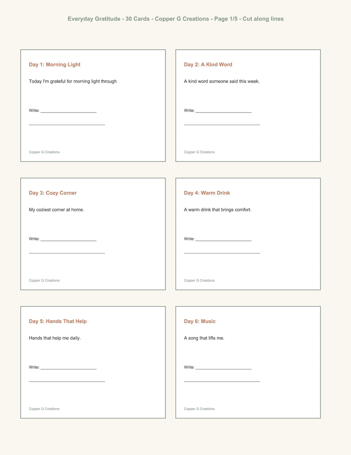 Printable Everyday Gratitude card showing a mindfulness reflection prompt