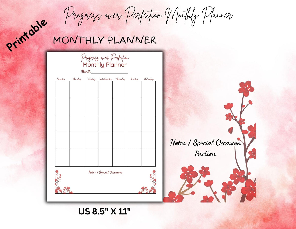 Progress Over Perfection Planner Bundle | Red Floral Undated Daily Weekly Monthly Planner (Digital Download)