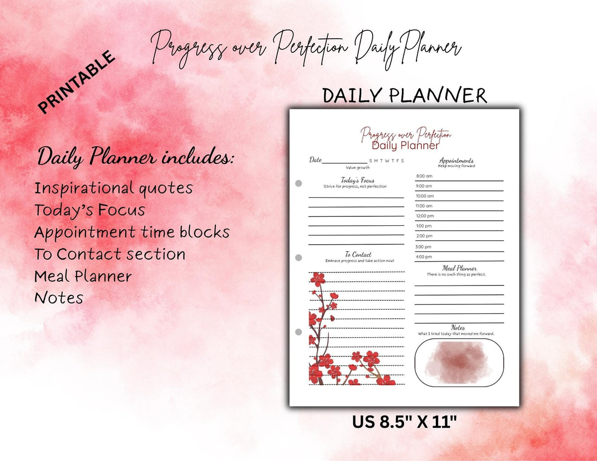 Progress Over Perfection Planner Bundle | Red Floral Undated Daily Weekly Monthly Planner (Digital Download)