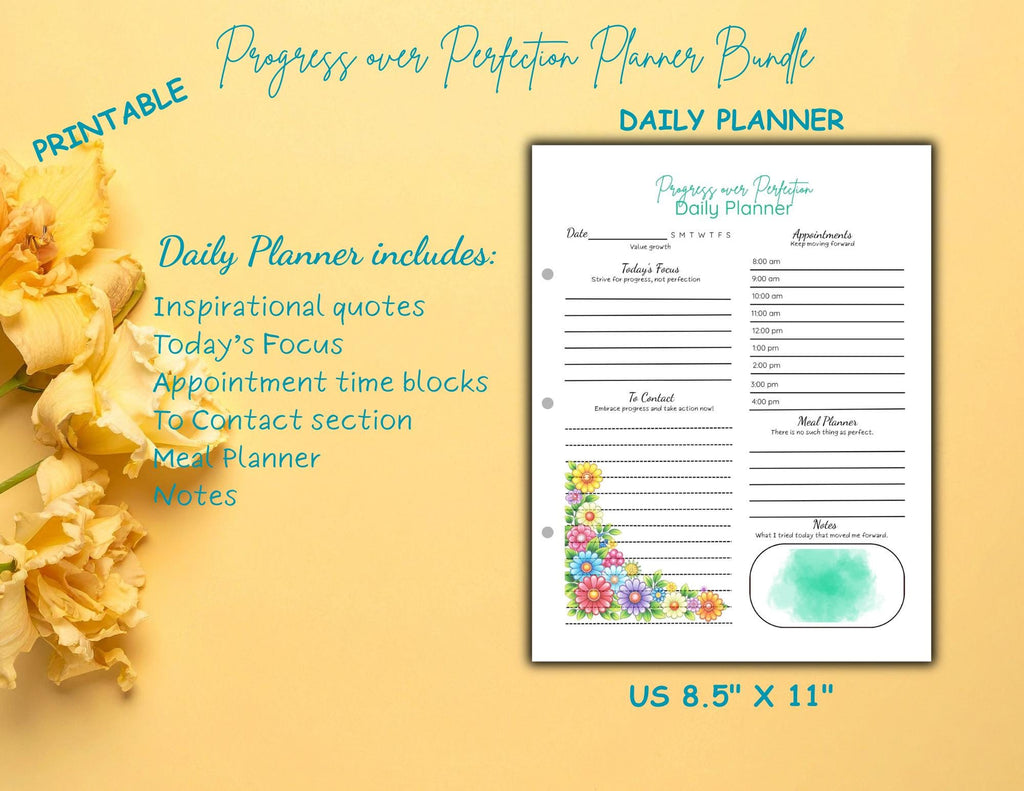 Progress Over Perfection Planner Bundle | Bold Floral Design Daily, Weekly, Monthly (Digital Download)