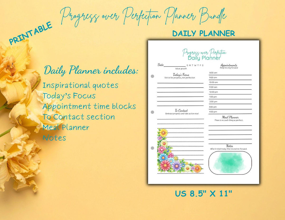 Progress Over Perfection Planner Bundle | Bold Floral Design Daily, Weekly, Monthly (Digital Download)