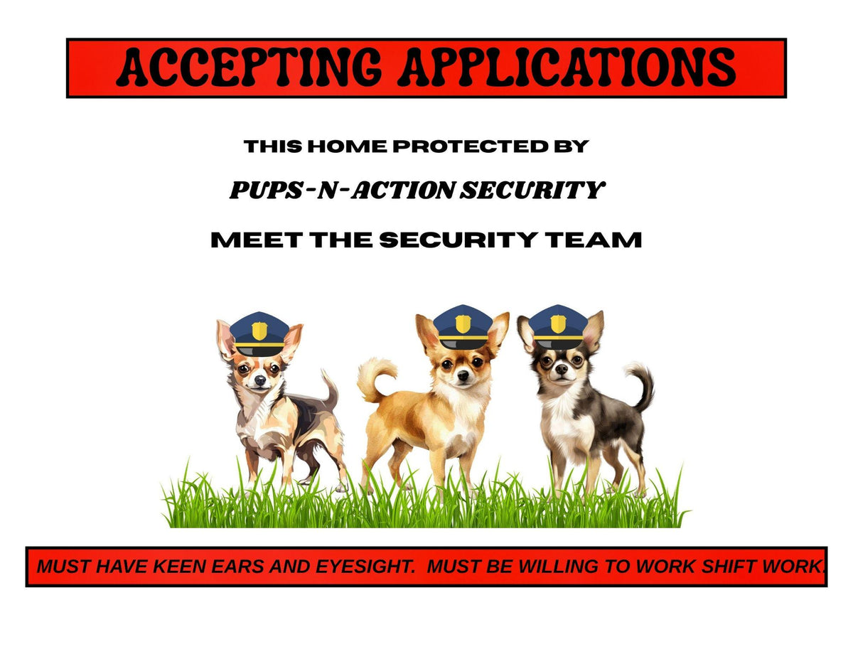 Funny Chihuahua Security Sign, Pups-N-Action Team, Dog Lover Gift (Printable)