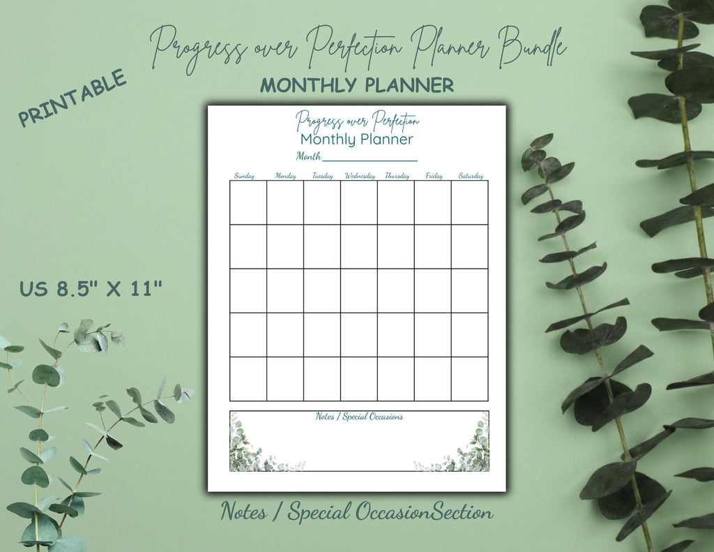 Progress Over Perfection Planner Bundle | Calm Eucalyptus Daily, Weekly, Monthly Planner (Digital Download)