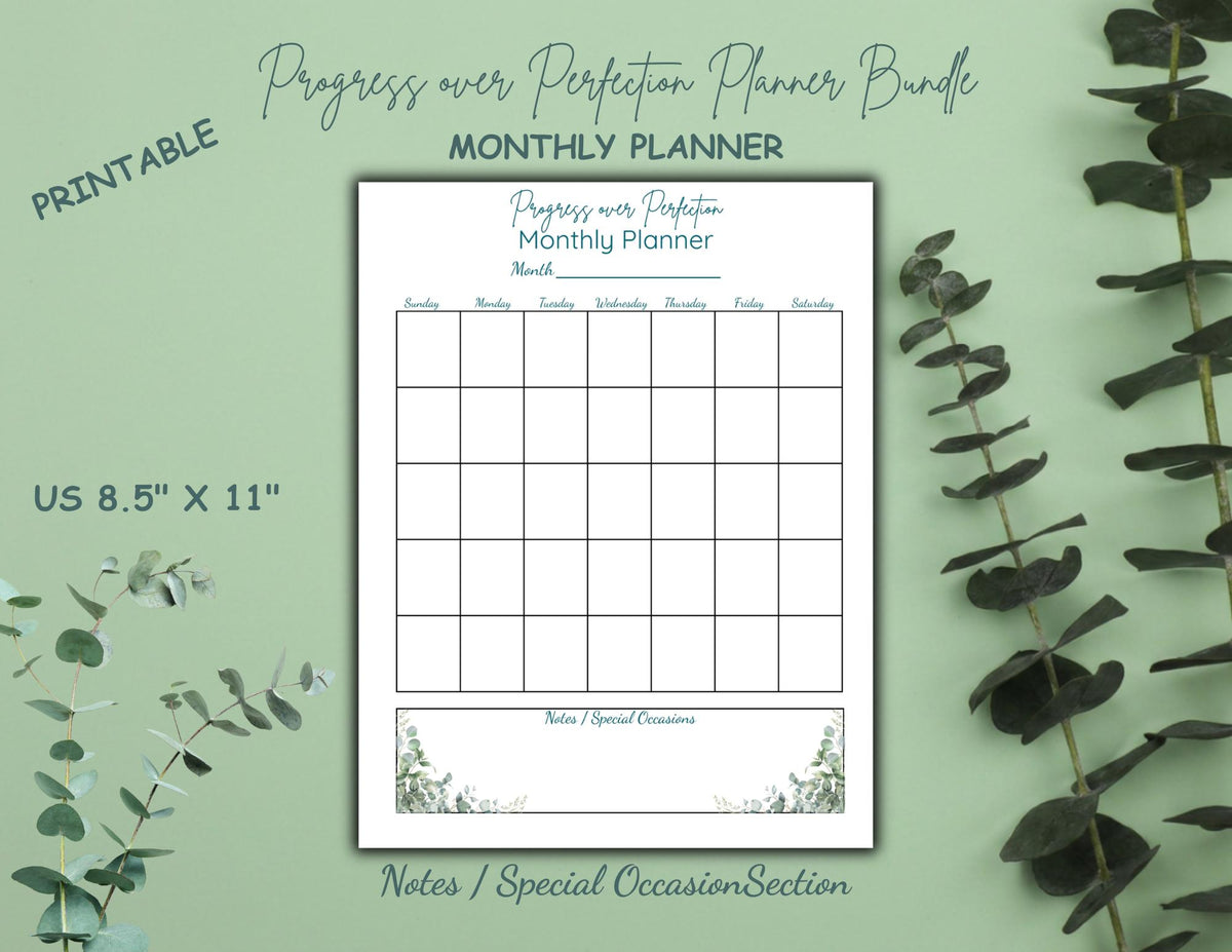 Progress Over Perfection Planner Bundle | Calm Eucalyptus Daily, Weekly, Monthly Planner (Digital Download)