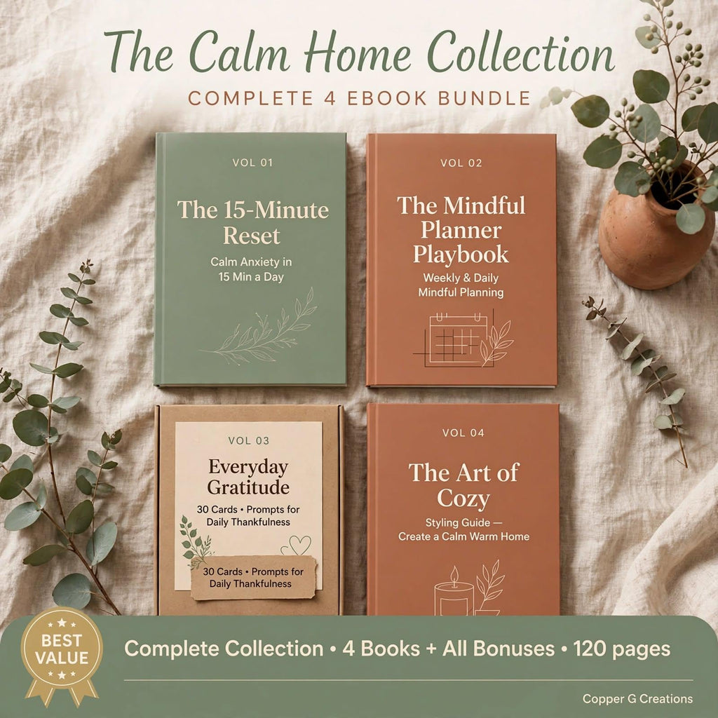 Calm Home Collection Bundle | 4 Ebooks, Planner, Gratitude Cards, Art Guide (Digital Download)