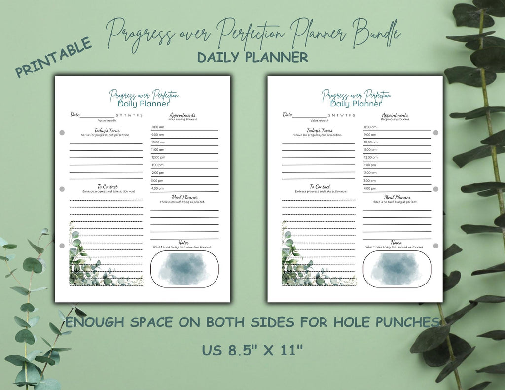 Progress Over Perfection Planner Bundle | Calm Eucalyptus Daily, Weekly, Monthly Planner (Digital Download)