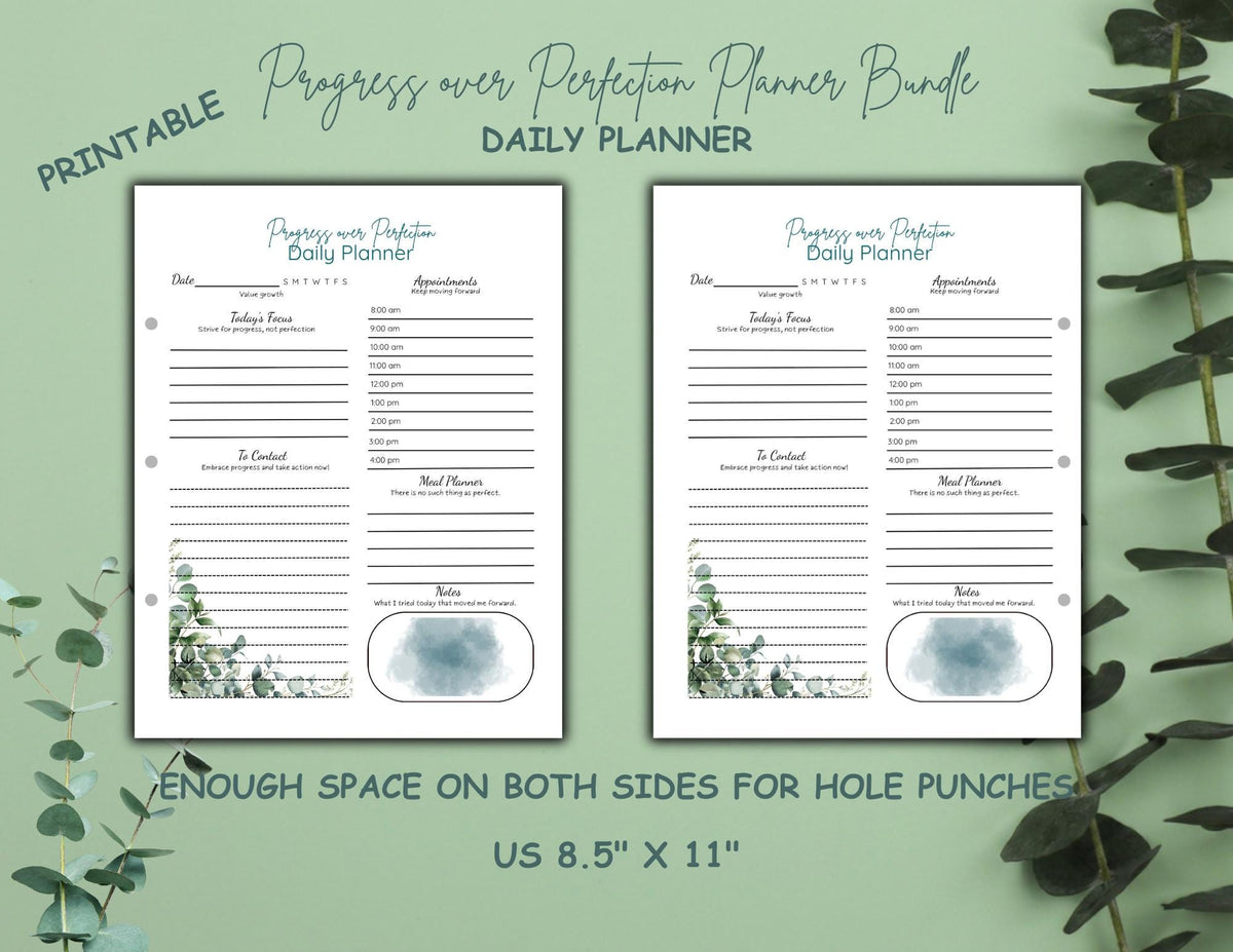 Progress Over Perfection Planner Bundle | Calm Eucalyptus Daily, Weekly, Monthly Planner (Digital Download)