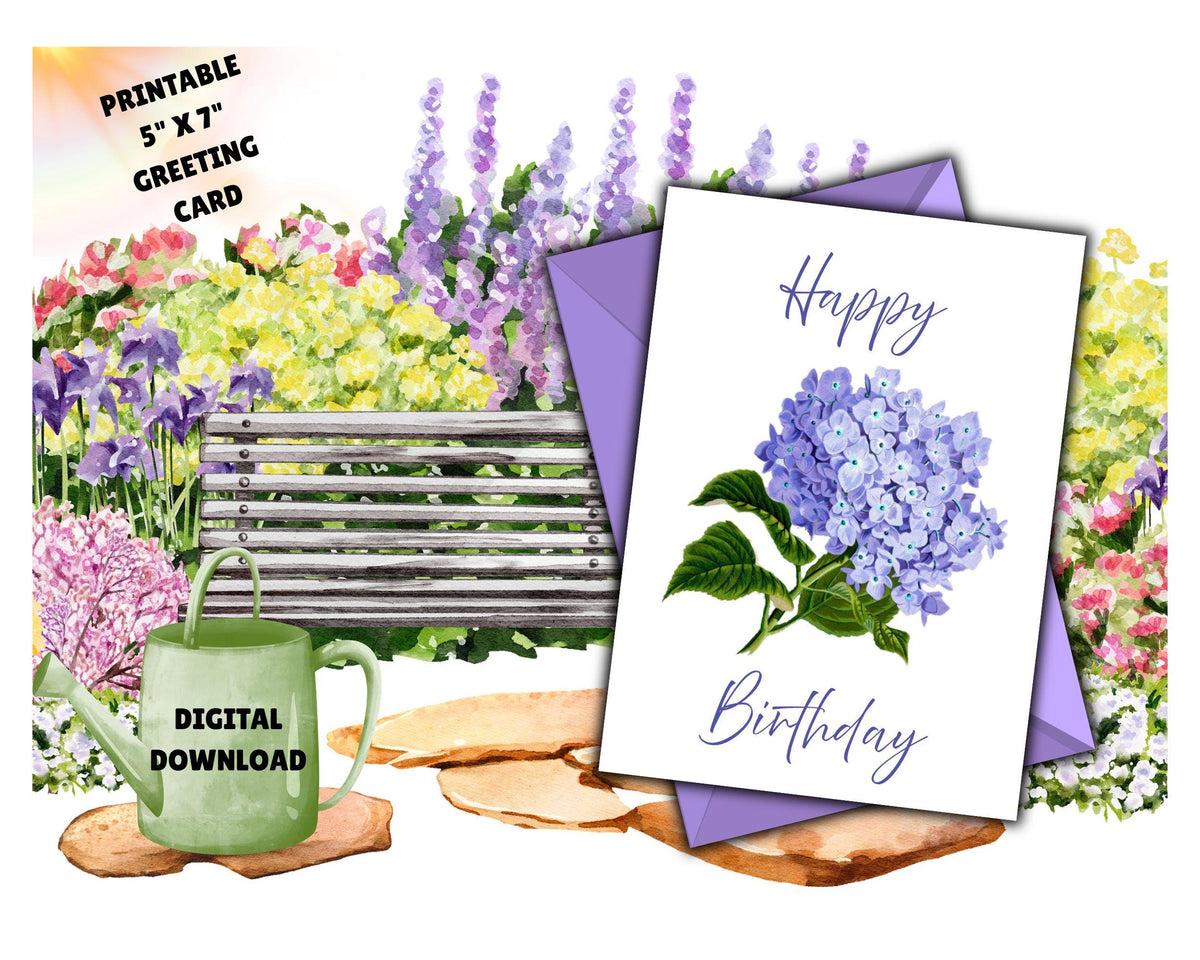 Hydrangea Happy Birthday Card | Beautiful watercolor Blue Hydrangea (Digital Download)