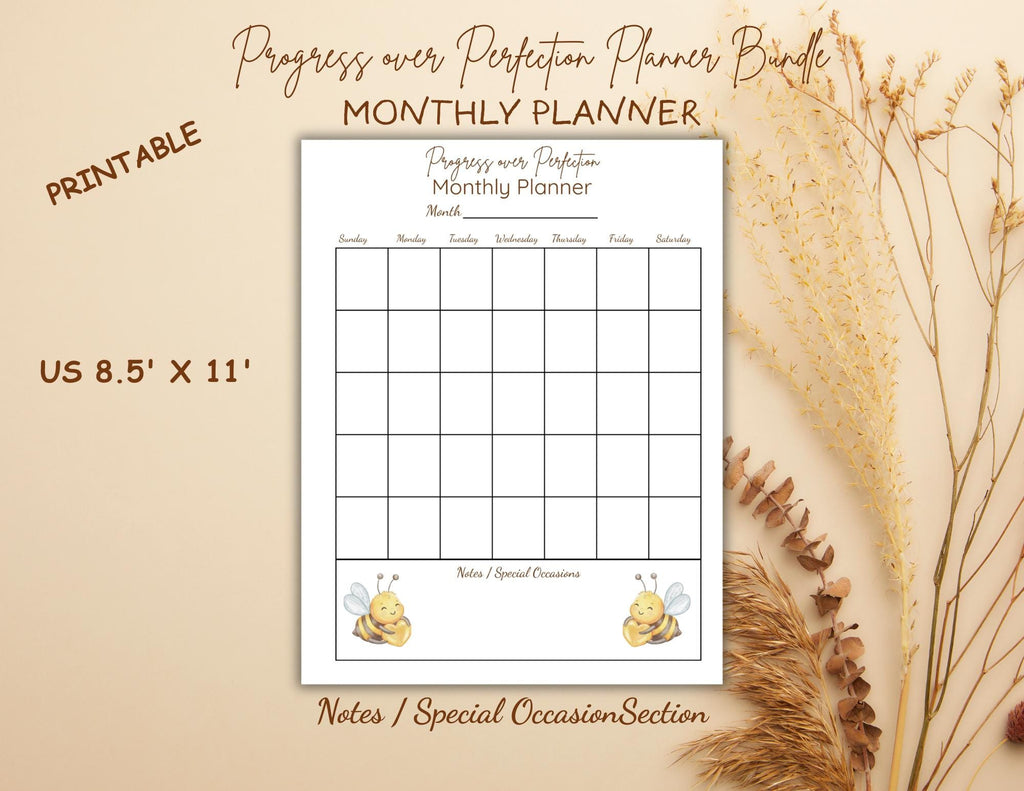 Progress Over Perfection Planner Bundle | Bee Themed Daily, Weekly, Monthly (Digital Download)