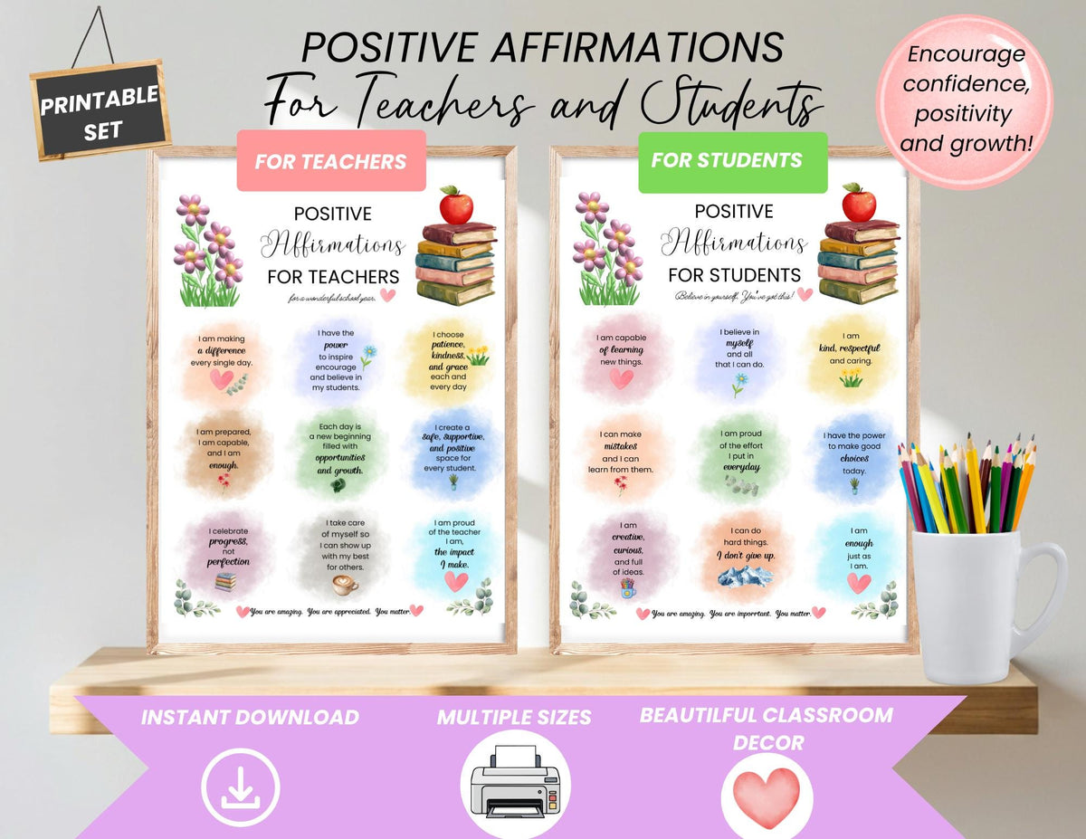 Positive Affirmations Posters for Teachers & Students | Watercolor Classroom Wall Art, Mental Health (Digital Download)