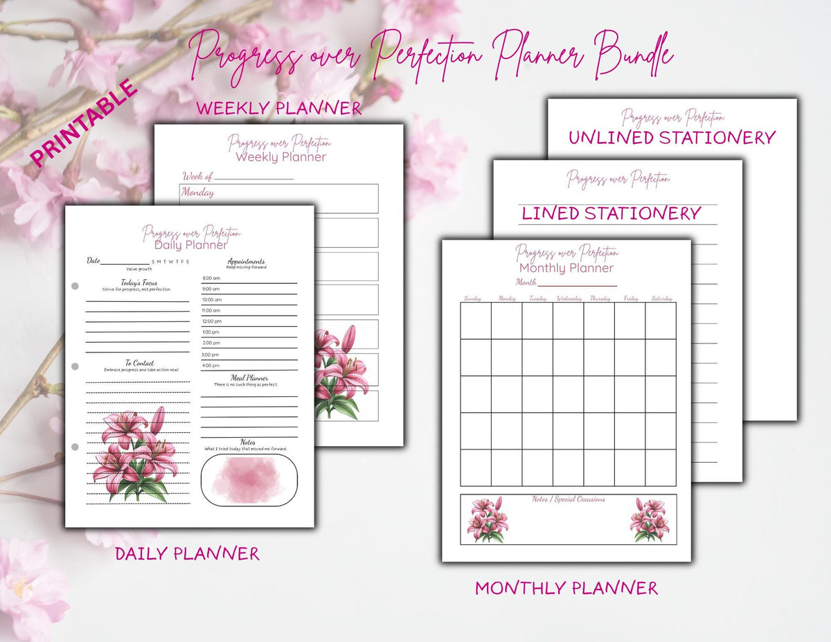 Progress Over Perfection Planner Bundle | Purple Lily Undated Daily Weekly Monthly Planner (Digital Download)