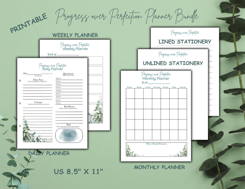 Progress Over Perfection Planner Bundle | Calm Eucalyptus Daily, Weekly, Monthly Planner (Digital Download)