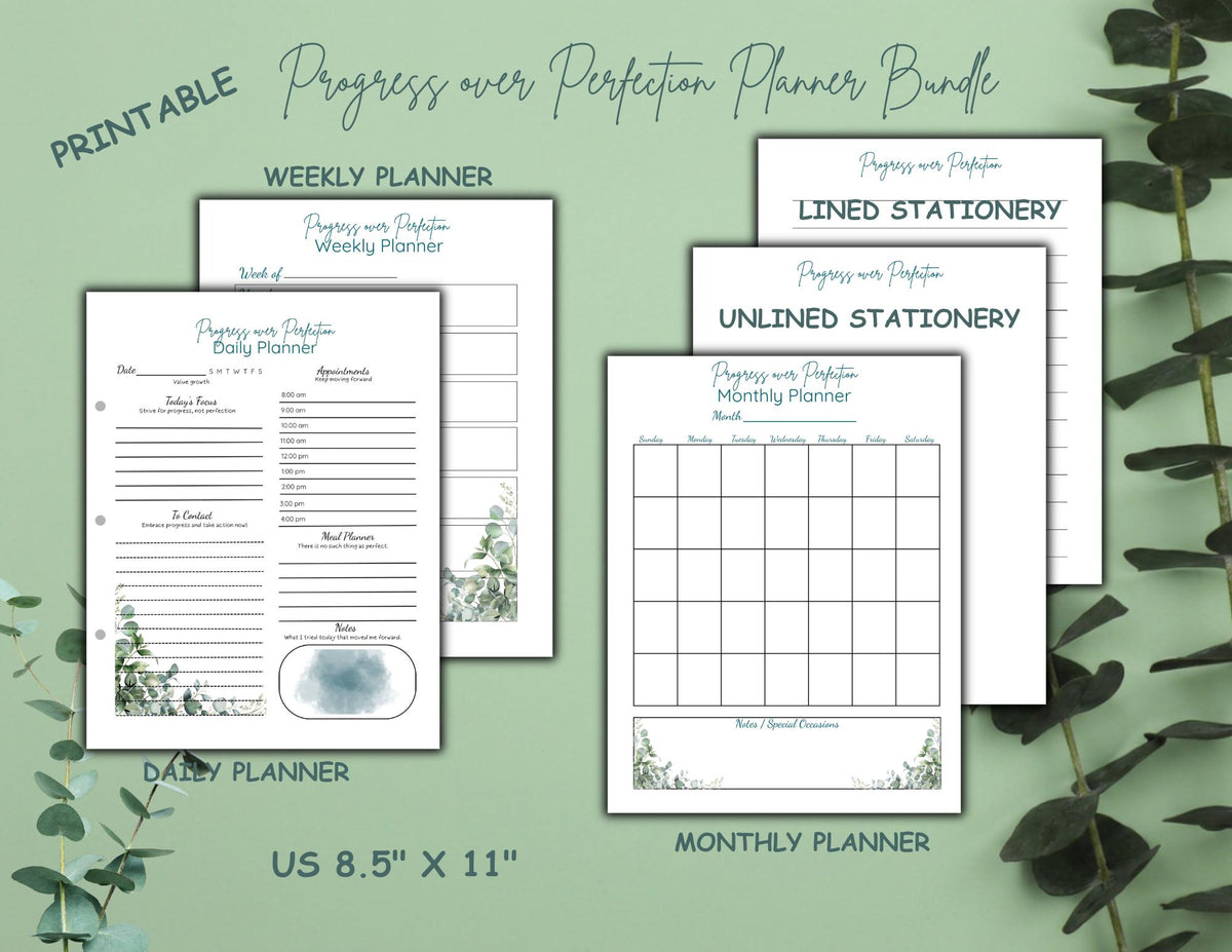 Progress Over Perfection Planner Bundle | Calm Eucalyptus Daily, Weekly, Monthly Planner (Digital Download)