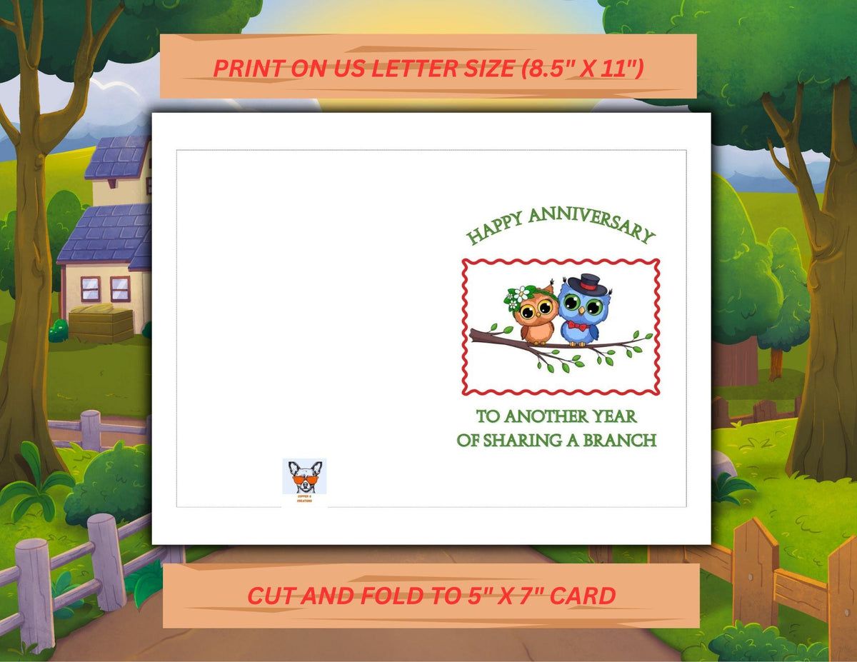 Printable Anniversary Card | Cute Owls on a Branch, 5x7 Greeting Card (Digital Download)