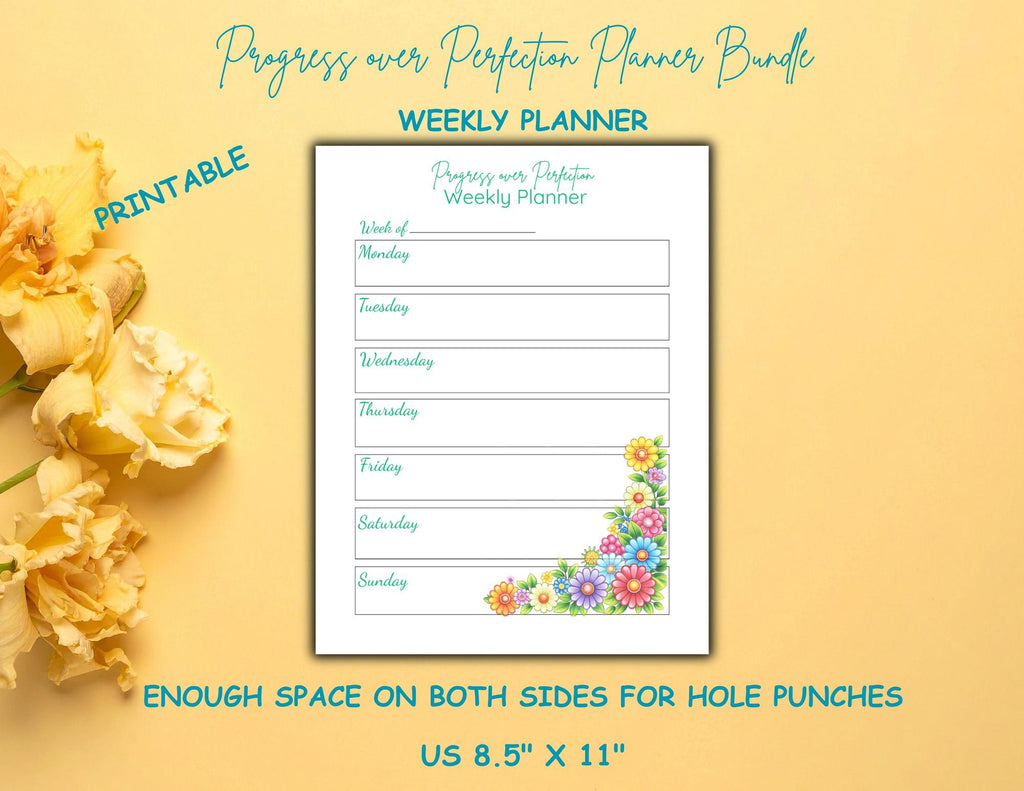 Progress Over Perfection Planner Bundle | Bold Floral Design Daily, Weekly, Monthly (Digital Download)