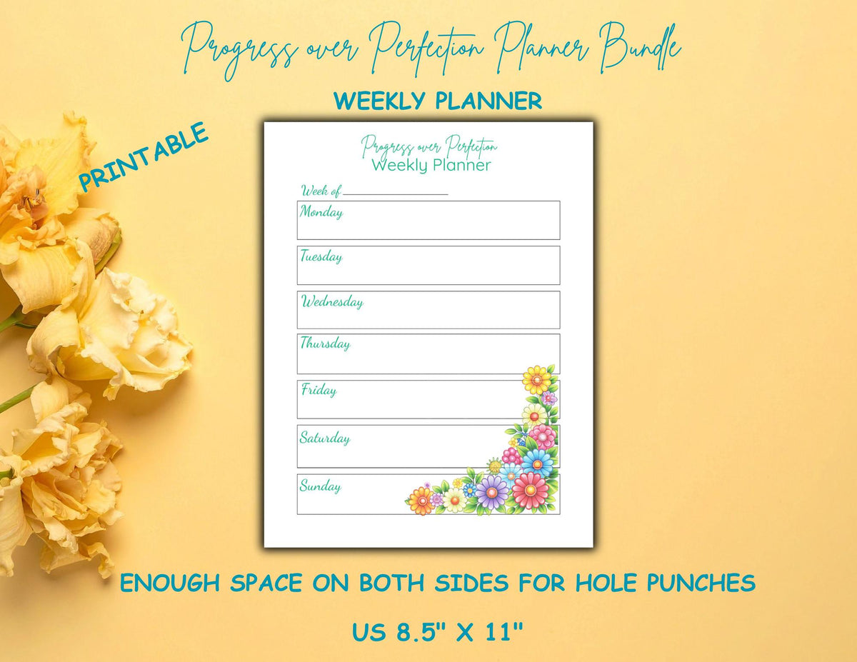 Progress Over Perfection Planner Bundle | Bold Floral Design Daily, Weekly, Monthly (Digital Download)