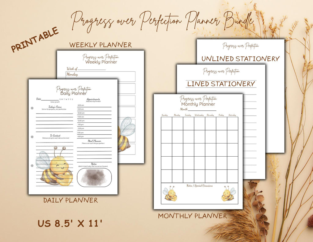 Progress Over Perfection Planner Bundle | Bee Themed Daily, Weekly, Monthly (Digital Download)
