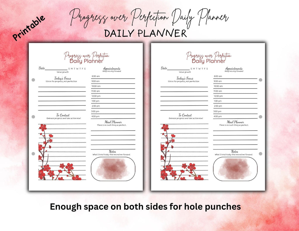 Progress Over Perfection Planner Bundle | Red Floral Undated Daily Weekly Monthly Planner (Digital Download)