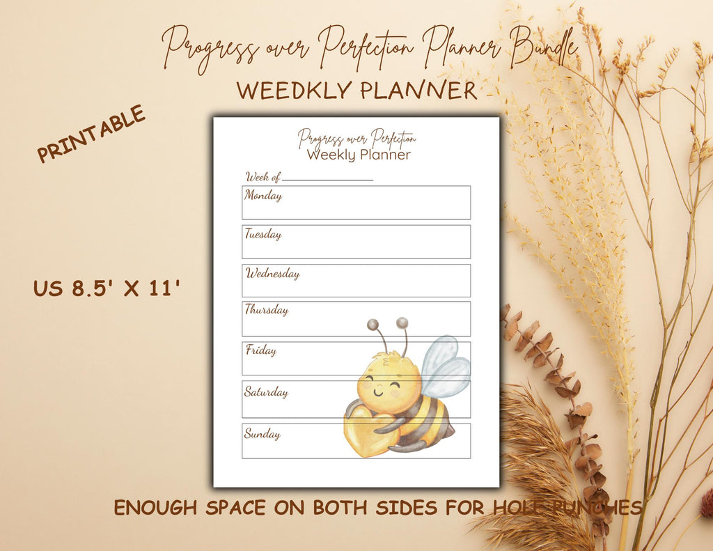 Progress Over Perfection Planner Bundle | Bee Themed Daily, Weekly, Monthly (Digital Download)