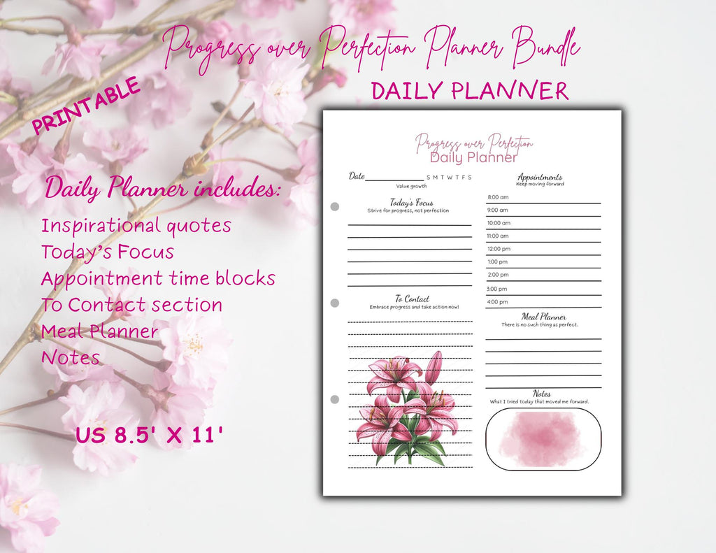 Progress Over Perfection Planner Bundle | Purple Lily Undated Daily Weekly Monthly Planner (Digital Download)