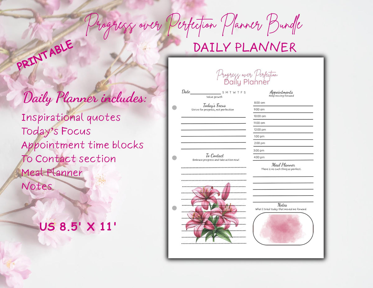 Progress Over Perfection Planner Bundle | Purple Lily Undated Daily Weekly Monthly Planner (Digital Download)