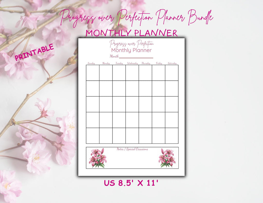 Progress Over Perfection Planner Bundle | Purple Lily Undated Daily Weekly Monthly Planner (Digital Download)