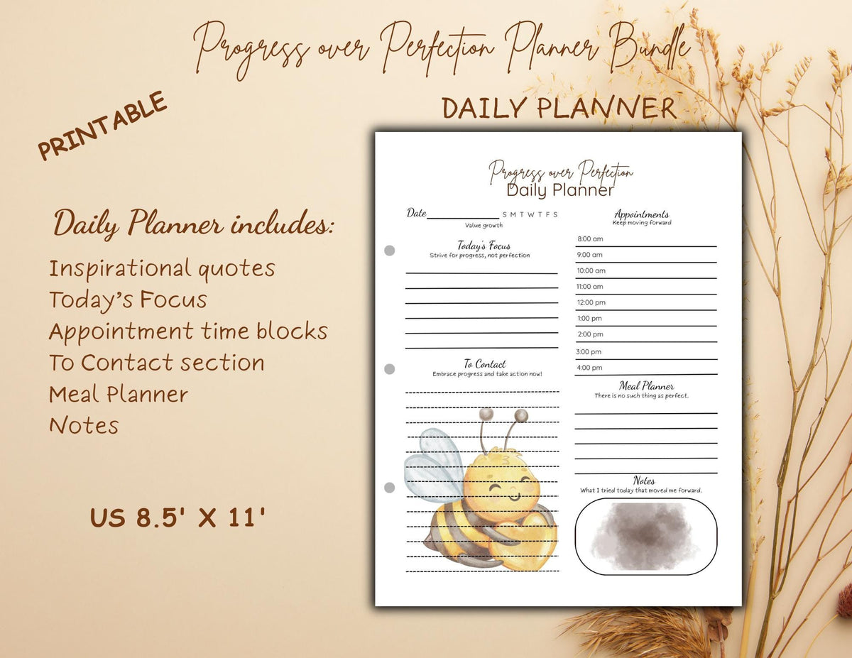 Progress Over Perfection Planner Bundle | Bee Themed Daily, Weekly, Monthly (Digital Download)