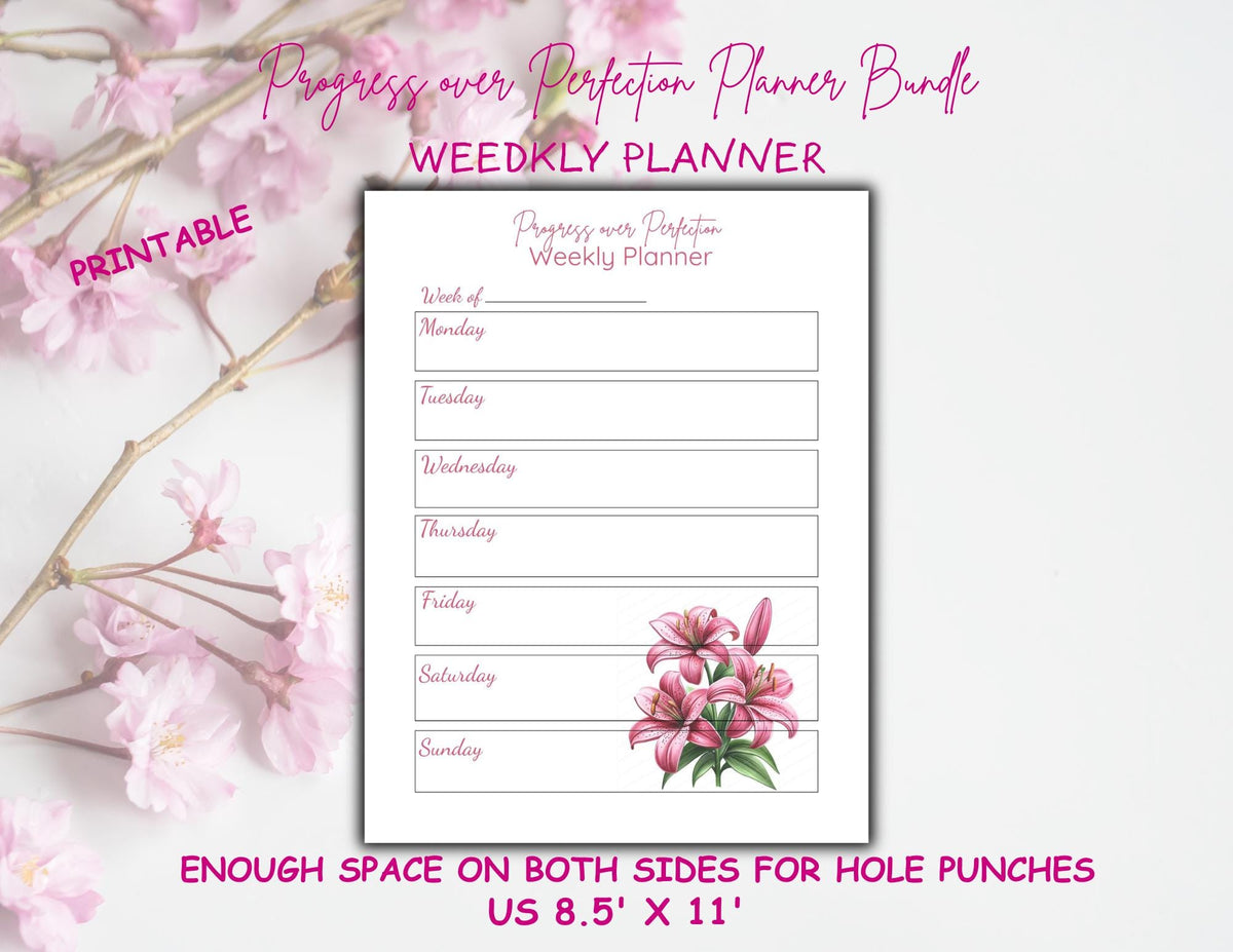 Progress Over Perfection Planner Bundle | Purple Lily Undated Daily Weekly Monthly Planner (Digital Download)