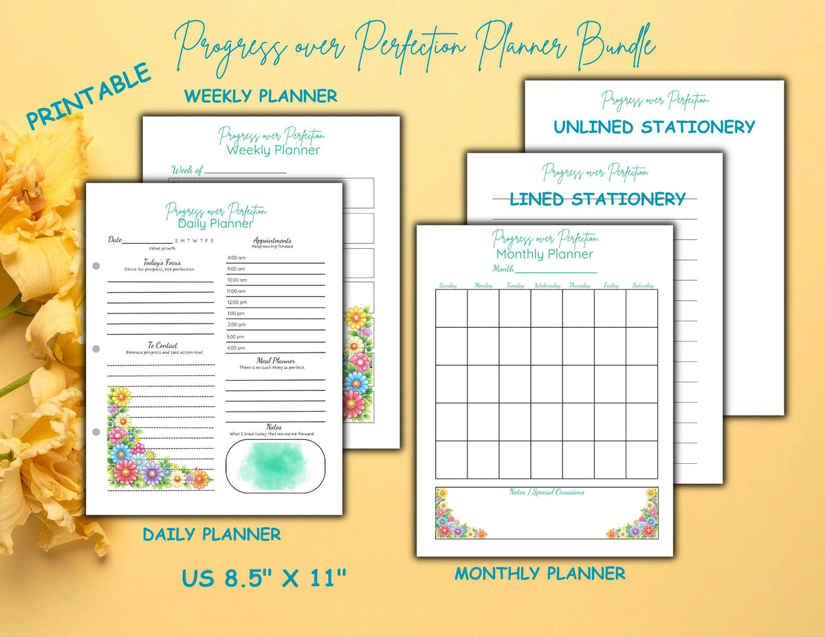 Progress Over Perfection Planner Bundle | Bold Floral Design Daily, Weekly, Monthly (Digital Download)