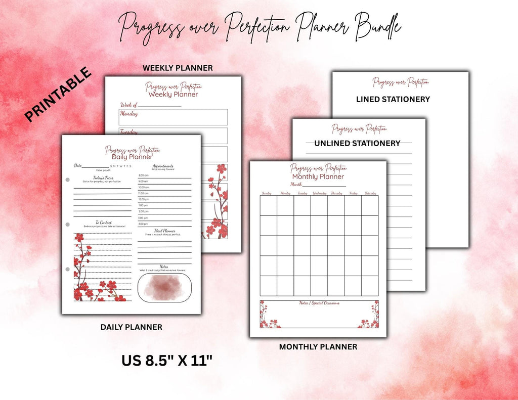 Progress Over Perfection Planner Bundle | Red Floral Undated Daily Weekly Monthly Planner (Digital Download)