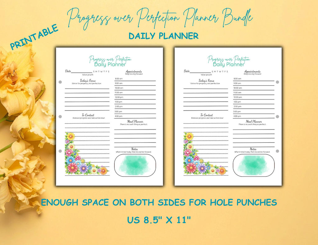 Progress Over Perfection Planner Bundle | Bold Floral Design Daily, Weekly, Monthly (Digital Download)