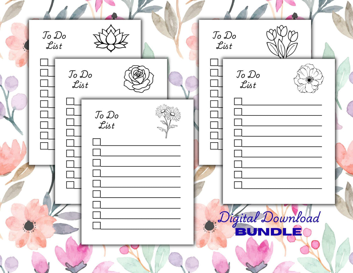 Floral To-Do List Printable Bundle: Black and White Checklist Designs (Digital Download)