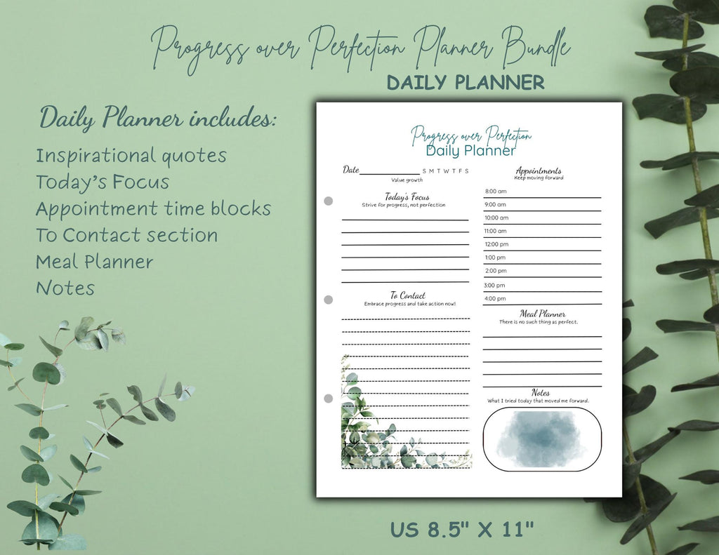 Progress Over Perfection Planner Bundle | Calm Eucalyptus Daily, Weekly, Monthly Planner (Digital Download)