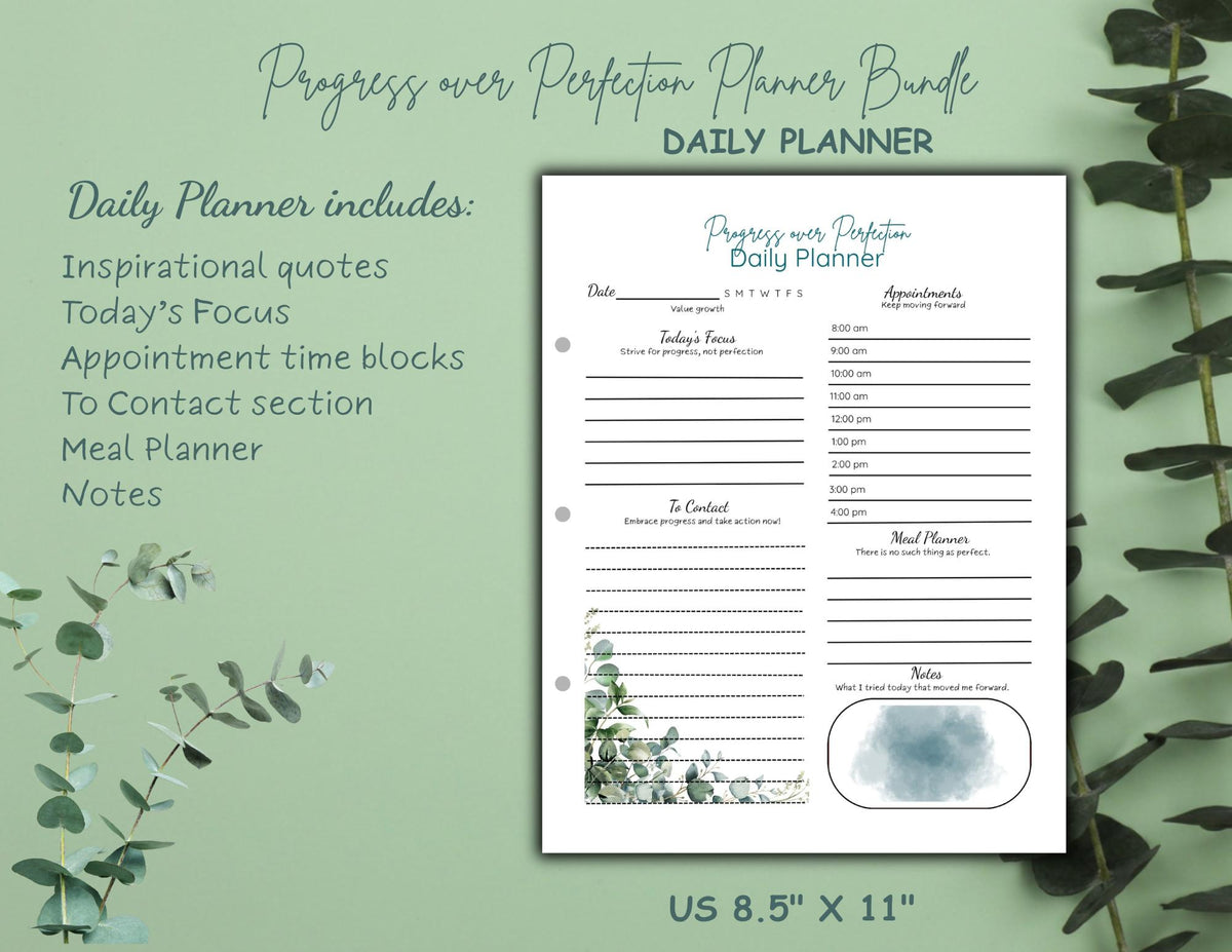Progress Over Perfection Planner Bundle | Calm Eucalyptus Daily, Weekly, Monthly Planner (Digital Download)
