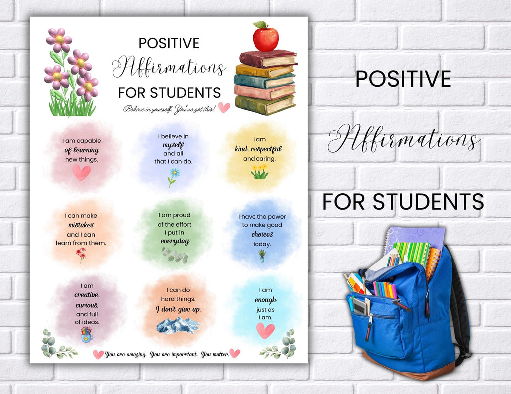 Positive Affirmations Posters for Teachers & Students | Watercolor Classroom Wall Art, Mental Health (Digital Download)