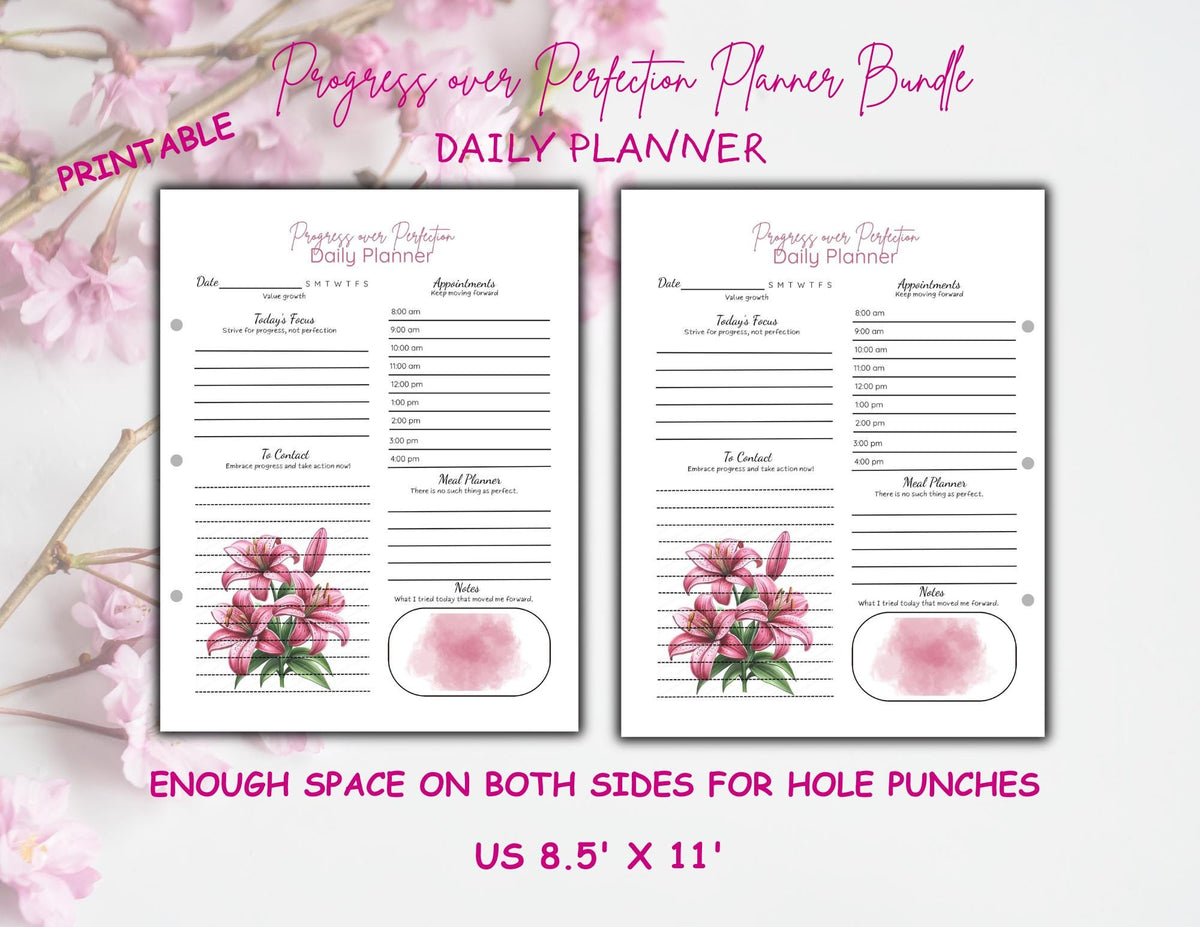 Progress Over Perfection Planner Bundle | Purple Lily Undated Daily Weekly Monthly Planner (Digital Download)