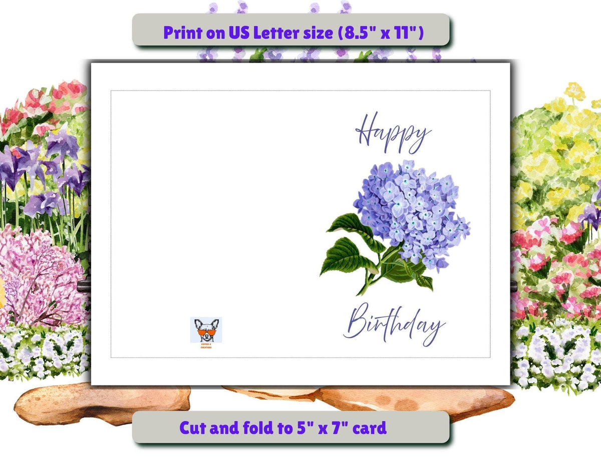 Hydrangea Happy Birthday Card | Beautiful watercolor Blue Hydrangea (Digital Download)
