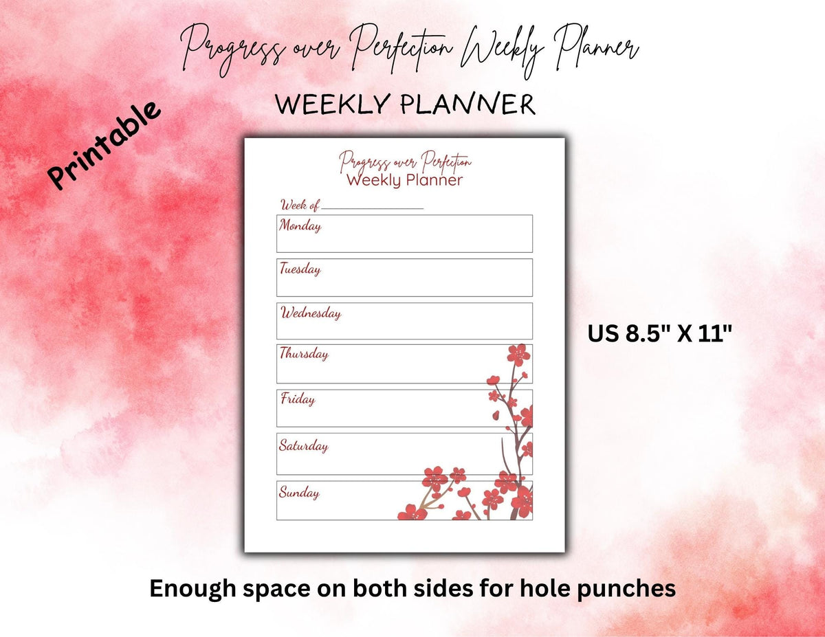 Progress Over Perfection Planner Bundle | Red Floral Undated Daily Weekly Monthly Planner (Digital Download)