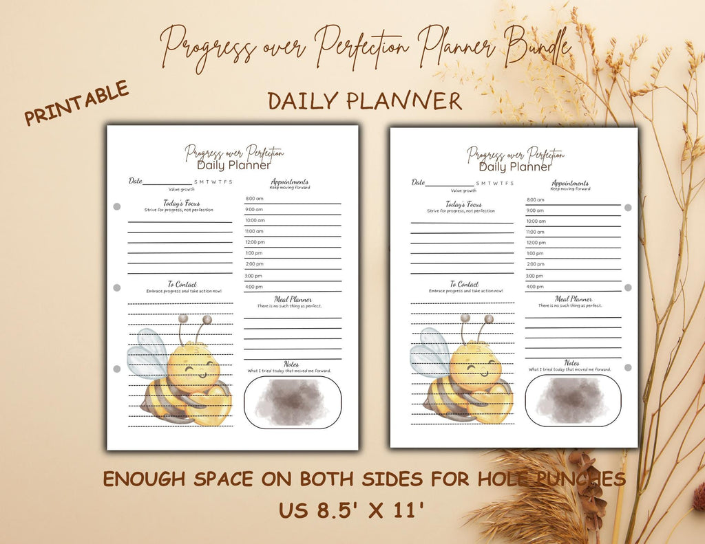 Progress Over Perfection Planner Bundle | Bee Themed Daily, Weekly, Monthly (Digital Download)