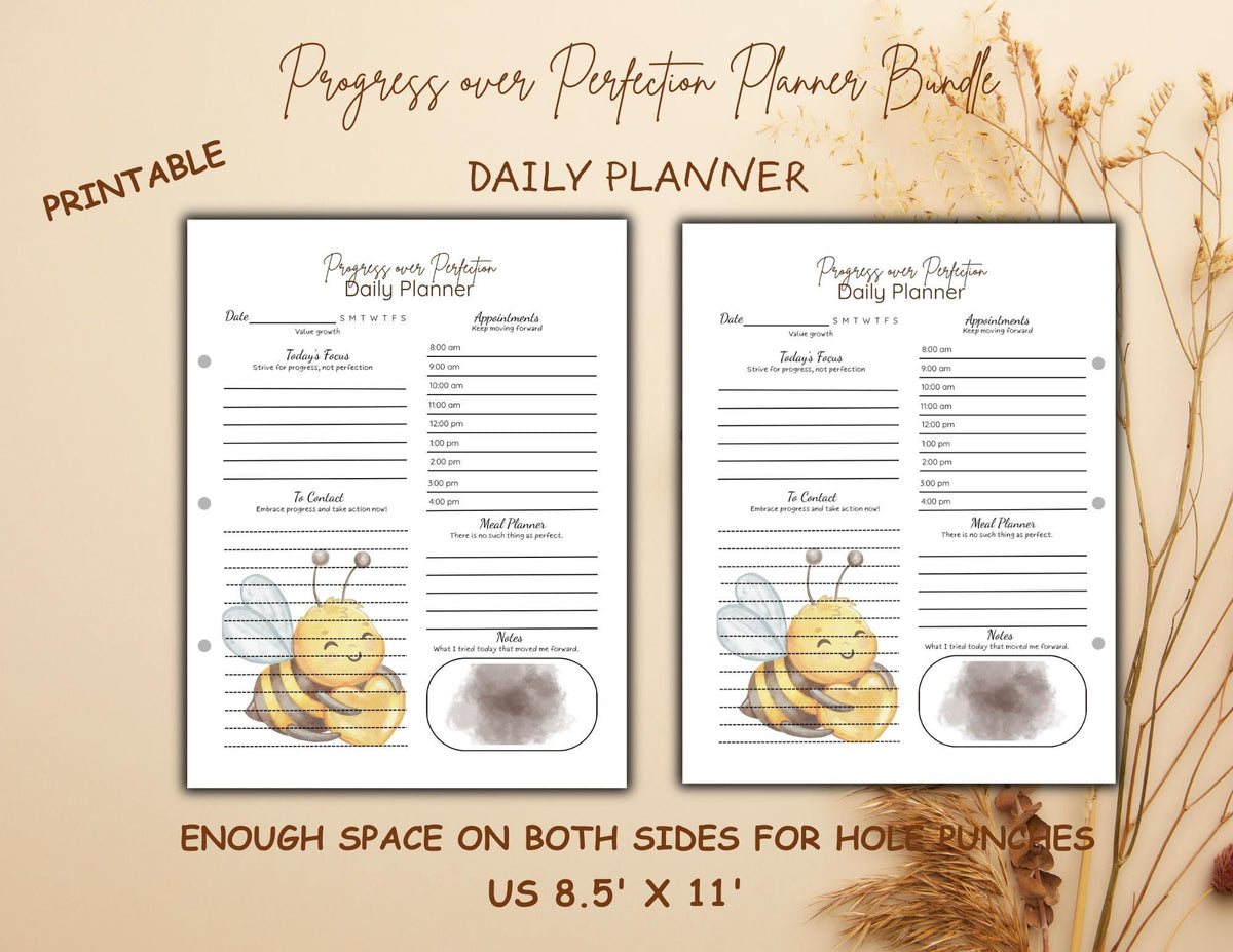 Progress Over Perfection Planner Bundle | Bee Themed Daily, Weekly, Monthly (Digital Download)