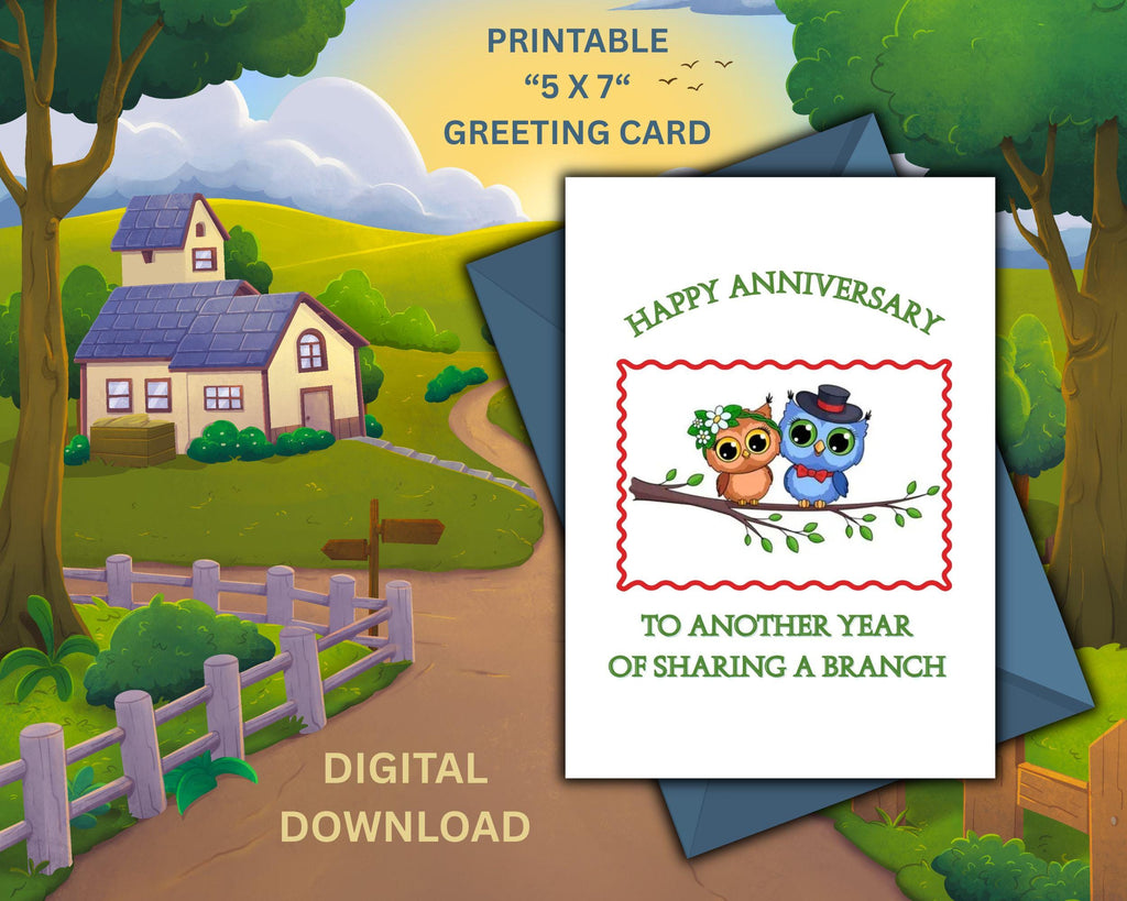 Printable Anniversary Card | Cute Owls on a Branch, 5x7 Greeting Card (Digital Download)