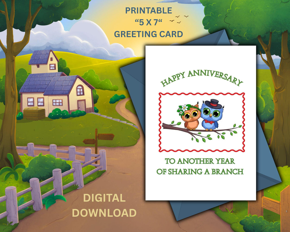 Printable Anniversary Card | Cute Owls on a Branch, 5x7 Greeting Card (Digital Download)