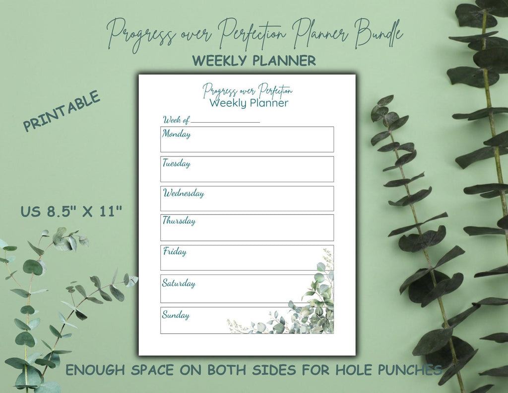 Progress Over Perfection Planner Bundle | Calm Eucalyptus Daily, Weekly, Monthly Planner (Digital Download)