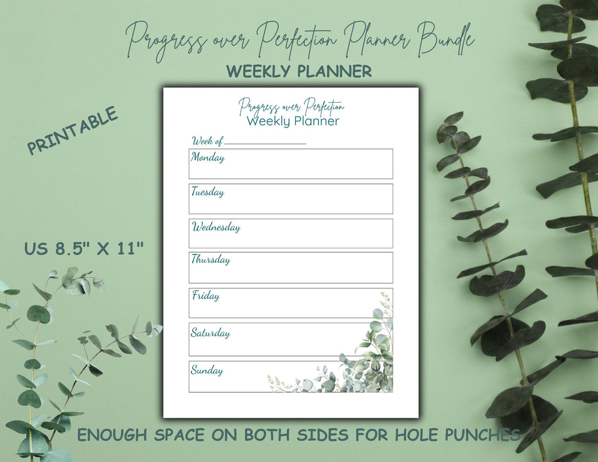 Progress Over Perfection Planner Bundle | Calm Eucalyptus Daily, Weekly, Monthly Planner (Digital Download)